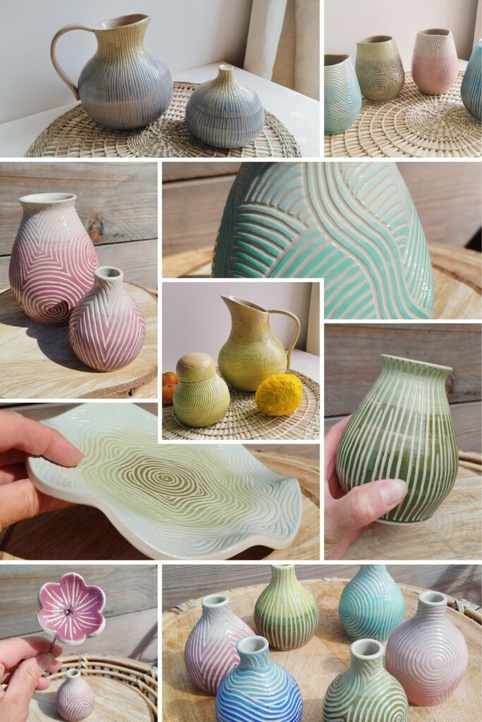 montage photo sillon montage photo de céramiques artisanales colorées et gravées