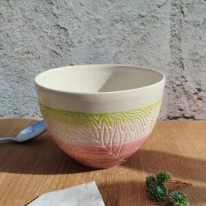 Grand bol en céramique artisanale. Fond en dégradé de rose à vert. Motif gravé feuille de palme
